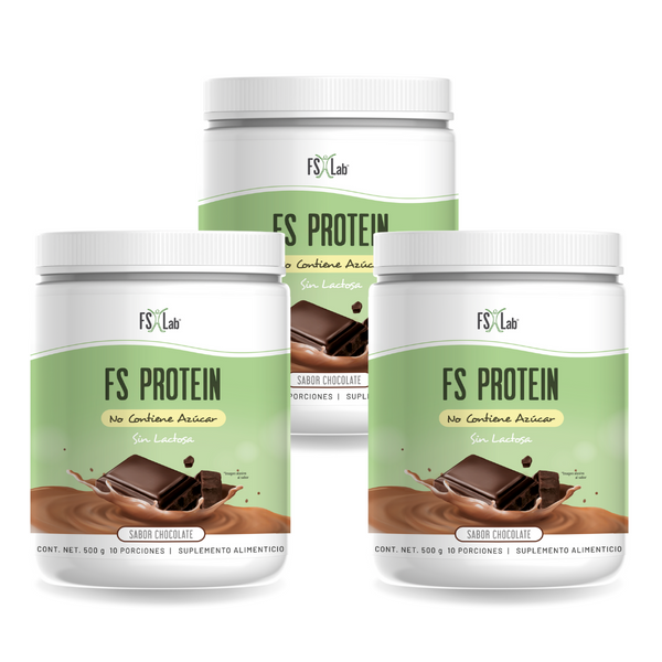 KIT 3 PROTEÍNAS DE AISLADO DE SUERO DE LECHE-WHEY FS-PROTEIN SIN AZÚCAR SABOR CHOCOLATE  500 g