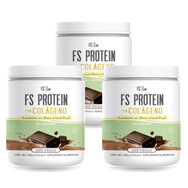 KIT 3 PROTEÍNAS DE AISLADO DE SUERO DE LECHE-WHEY FS-PROTEIN CON COLÁGENO  SIN AZÚCAR SABOR CHOCOLATE 500 g