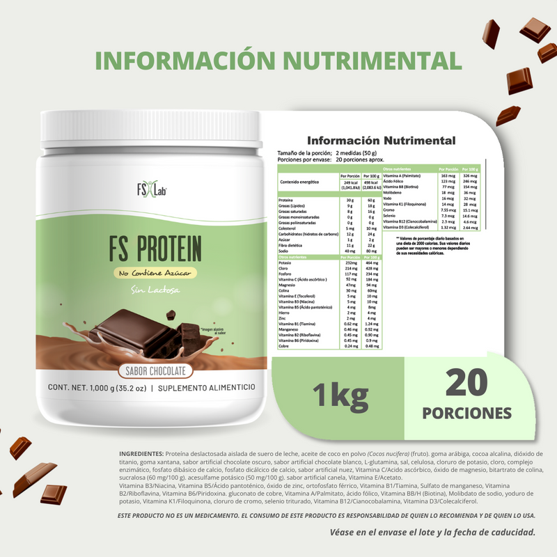 Proteína de Aislado de Suero de Leche-Whey Protein-FS- Protein Sin Azúcar 1 kilo Chocolate