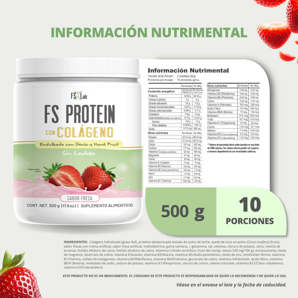 PROTEÍNA DE AISLADO DE SUERO DE LECHE-WHEY FS-PROTEIN CON COLÁGENO SIN AZÚCAR FRESA