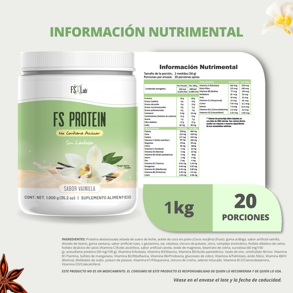 Proteína de Aislado de Suero de Leche-Whey FS-Protein Sin Azúcar 1 kilo Vainilla